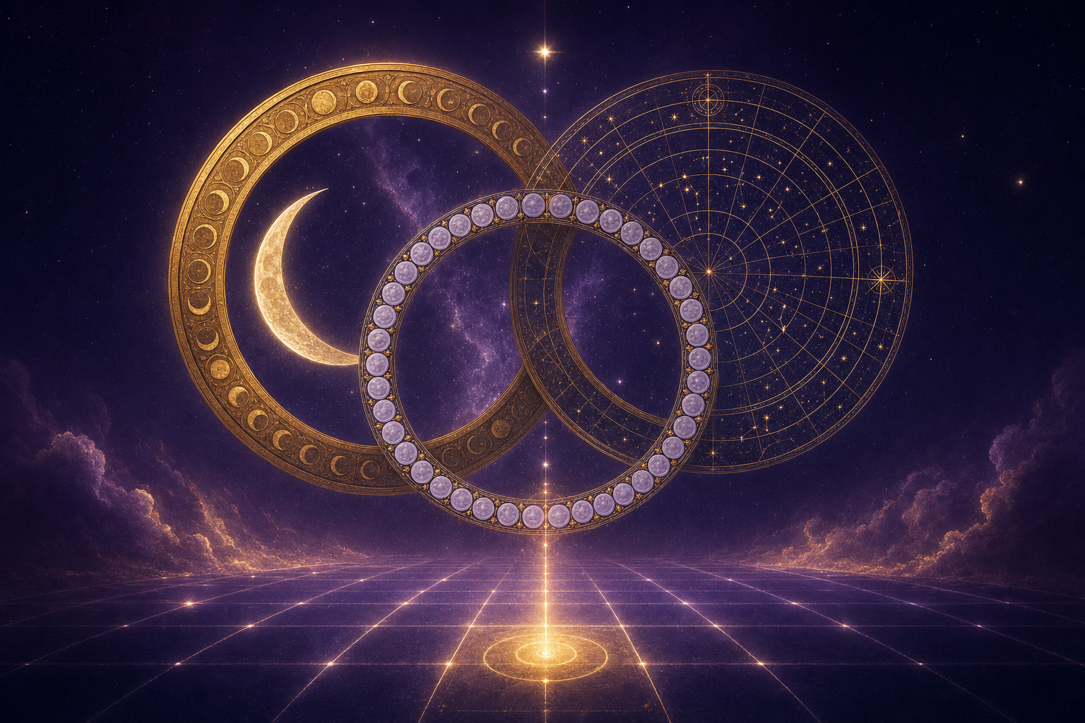 Three interlocking rings — a gold lunar ring, a violet ring of sixty small tokens and a fine chart wheel — floating above one highlighted day on a calendar grid
