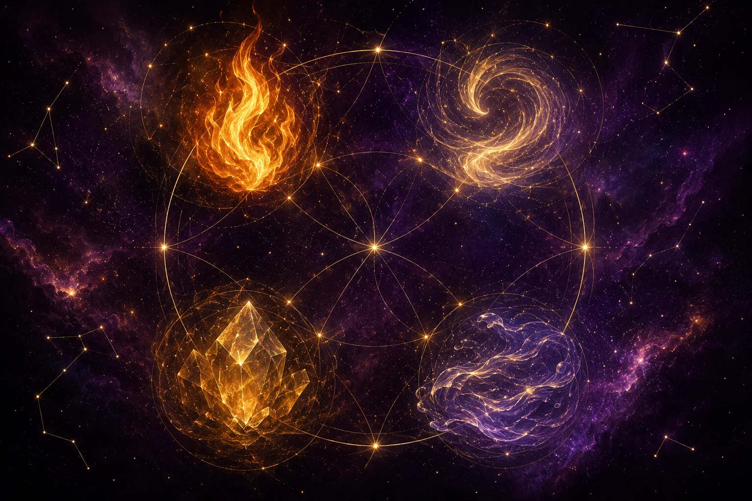 The four astrological elements — Fire, Air, Earth, and Water — as glowing golden clusters connected by sacred-geometry lines on a warm-purple nebula, illustrating zodiac compatibility by element
