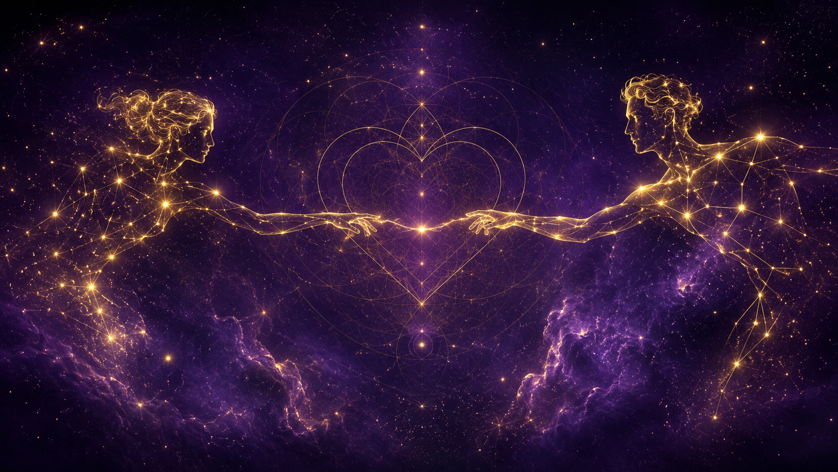 Two golden constellation figures reaching toward each other across a starfield with a sacred-geometry heart — Taurus and Cancer compatibility