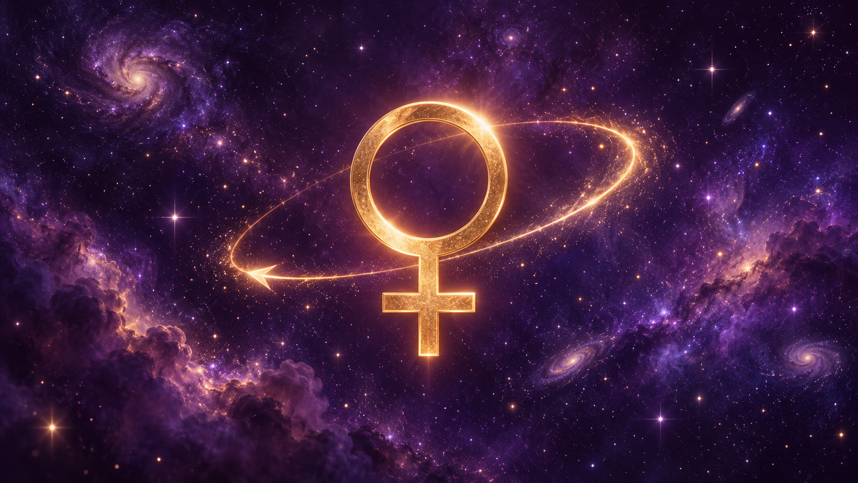 A glowing golden Venus symbol ringed by a backward orbital loop in a deep violet starfield — the fall 2026 Venus and Mercury double retrograde