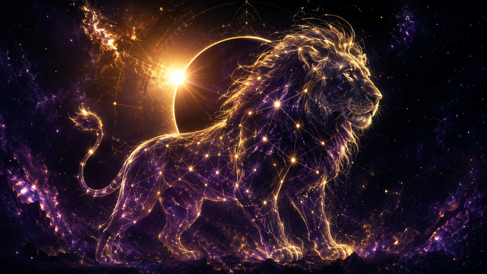 A golden constellation lion beside a solar eclipse in a violet cosmic sky — the August 12 2026 Leo solar eclipse