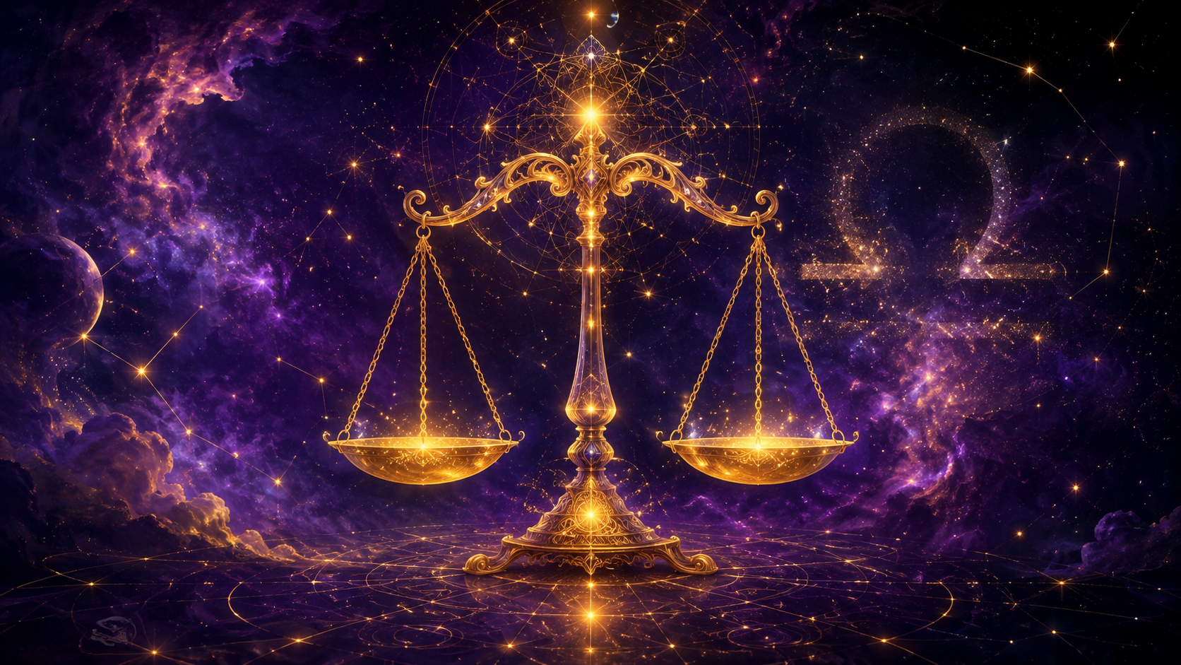 Golden cosmic scales balanced among stars with the Libra glyph woven into a deep violet nebula — Libra season 2026