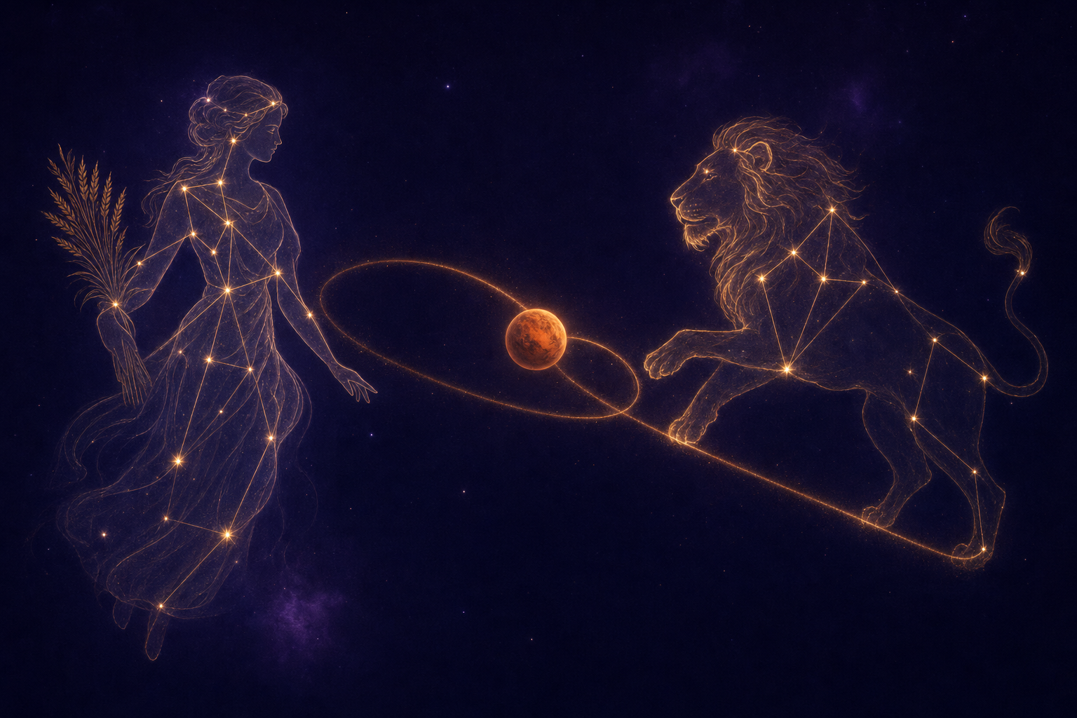The red planet Mars tracing a backward loop between the Virgo and Leo constellations — the January to April 2027 Mars retrograde