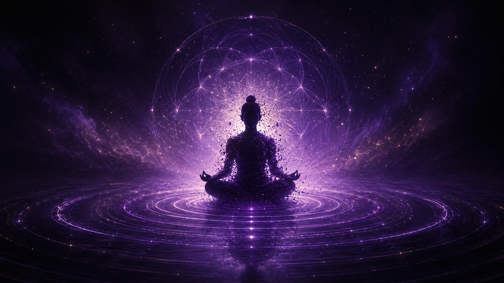 A silhouette meditating, dissolving into calm violet light and concentric ripples with a sacred-geometry mandala
