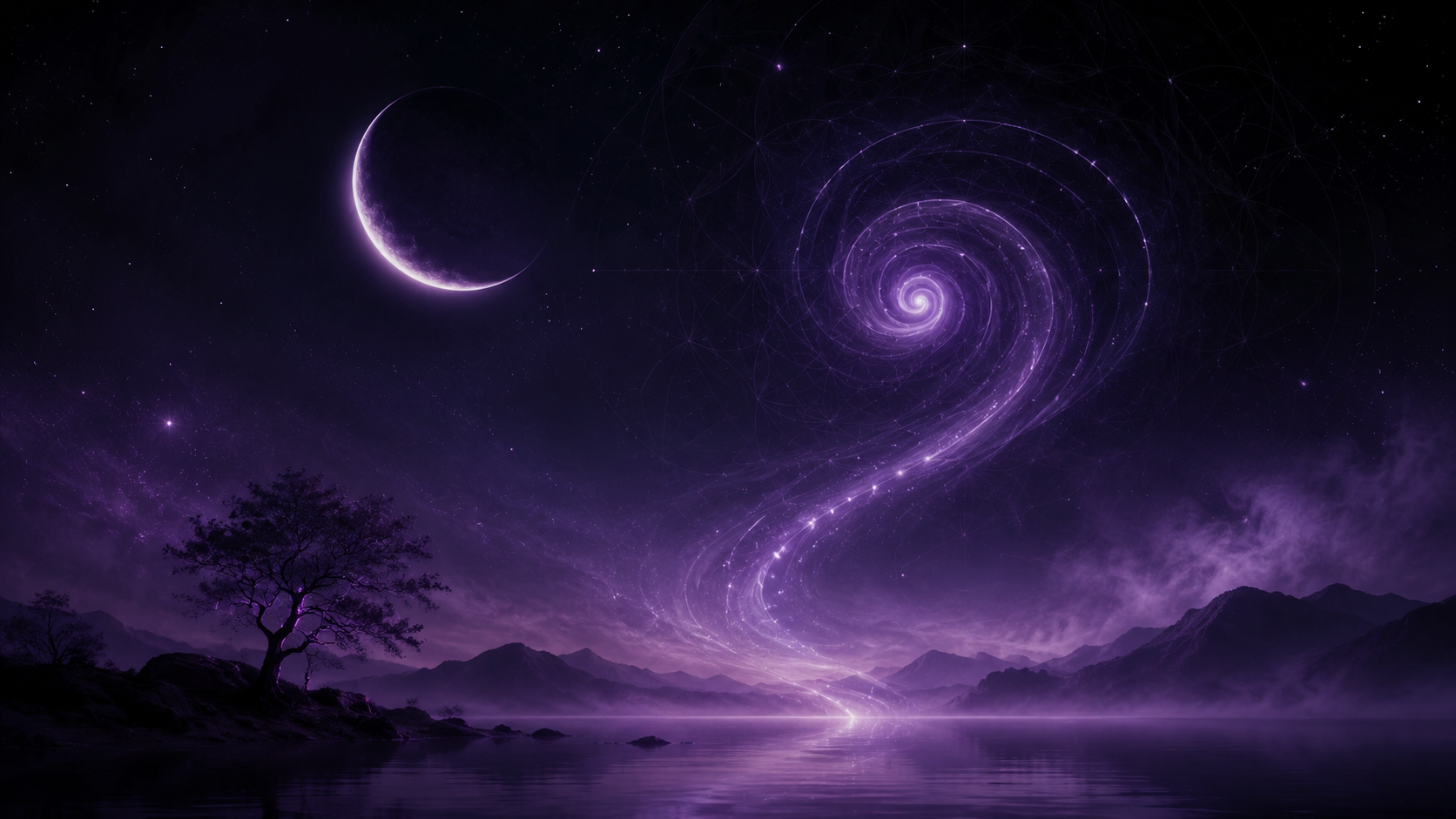 A tranquil crescent moon over a still dark landscape with soft violet mist and drifting stars