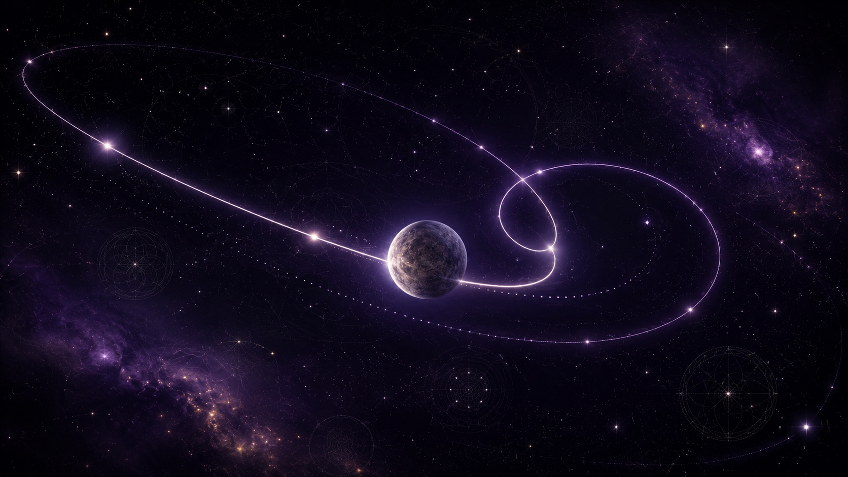 The planet Mercury tracing a backward loop through a deep violet cosmic sky — the October–November 2026 Mercury retrograde in Scorpio