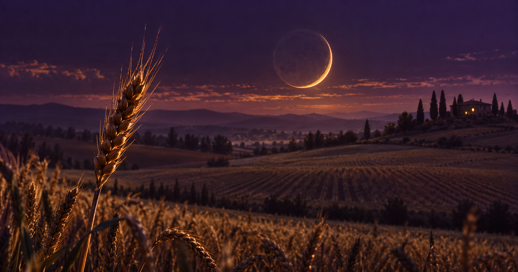 A slender crescent over an ordered, harvest-toned landscape — the September 10 2026 New Moon in Virgo