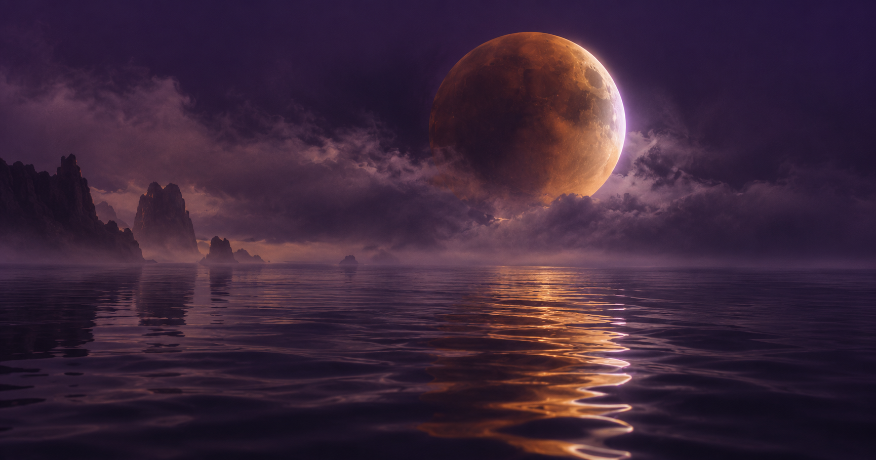 A silver full moon dissolving into a deep-water Pisces sky during a lunar eclipse — the August 27–28 2026 Pisces lunar eclipse