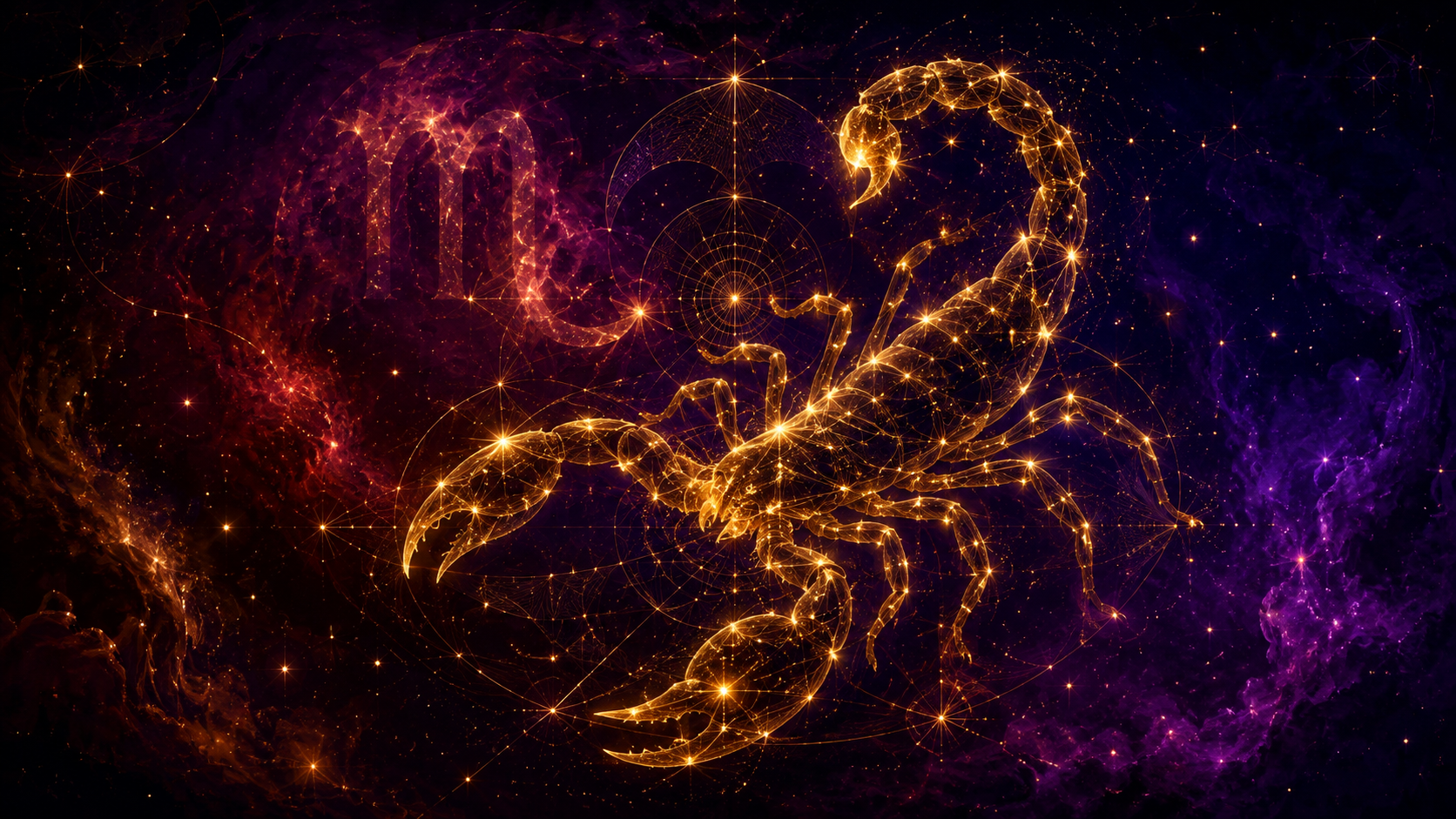 A golden scorpion constellation with the Scorpio glyph woven into a crimson-and-violet nebula — Scorpio season 2026