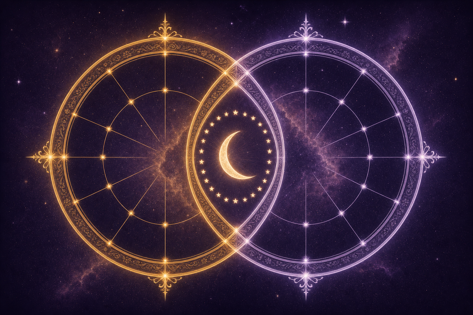 Two birth-chart wheels overlapping, one gold and one violet, with a crescent Moon where they meet and a ring of twenty-seven stars for the nakshatras