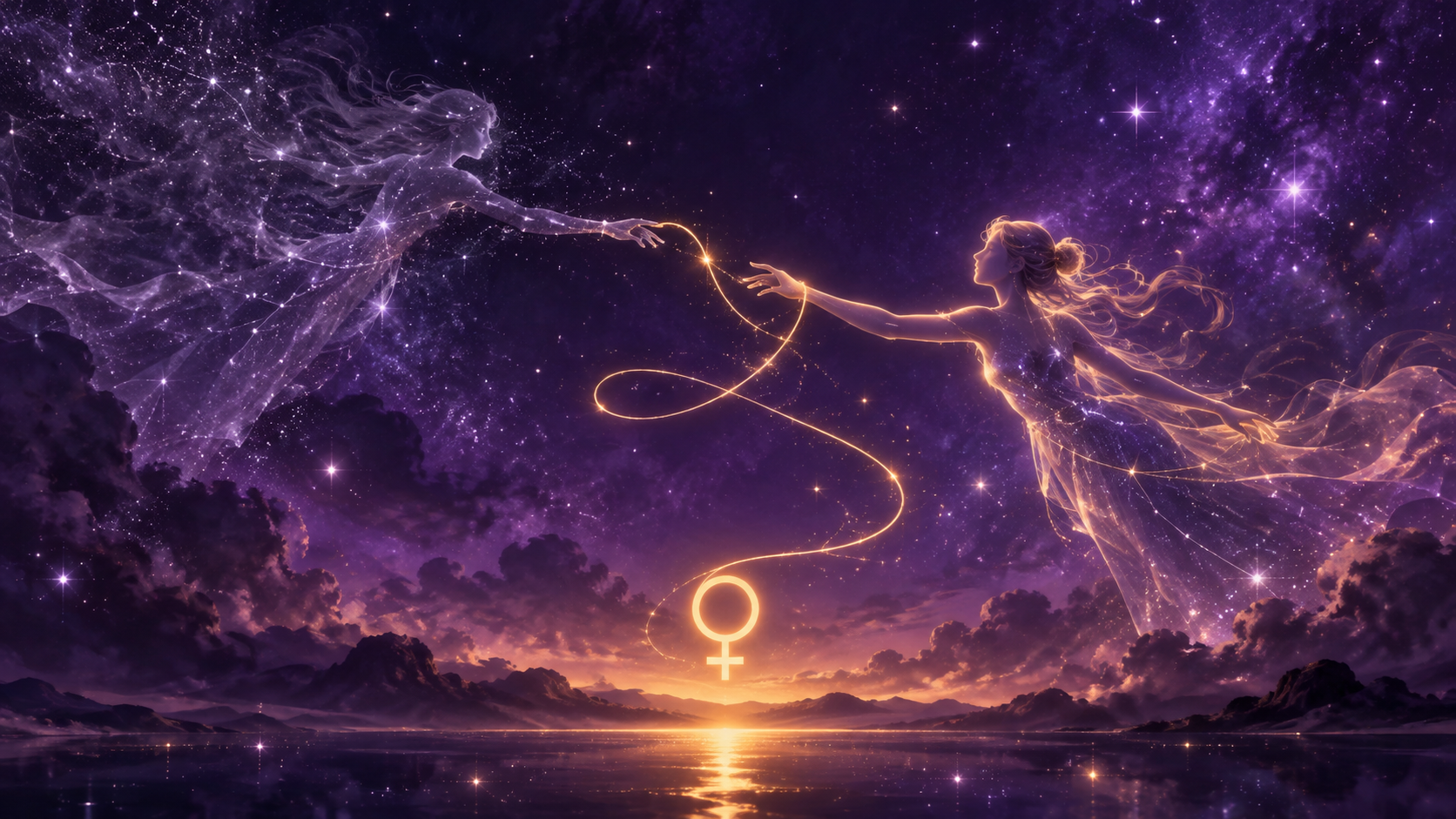 Two luminous figures reaching toward each other across a violet starlit sky, connected by a golden thread — an ex resurfacing during the 2026 Venus retrograde