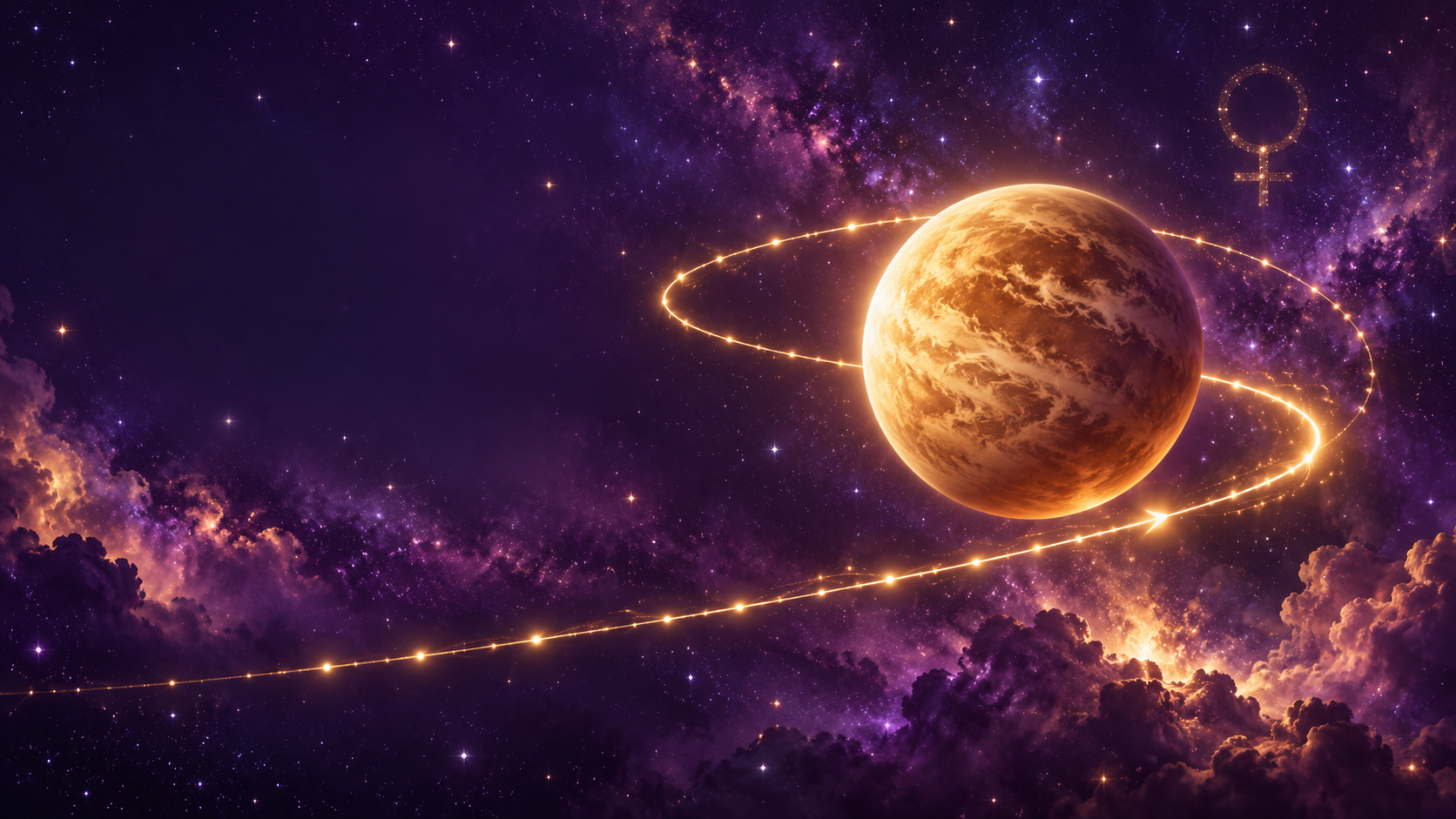 The planet Venus tracing a slow backward loop through a deep violet cosmic sky — the October–November 2026 Venus retrograde in Scorpio and Libra